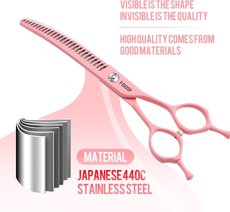FOGOSP Curved Chunkers Dog Grooming Scissors 7" Macarone Series Professional Pet Grooming Shears for Dogs Pets Japan 440C Stainless Steel Sharp & Durable(Pink, 27Teeth Curved Thinners) - Image 3